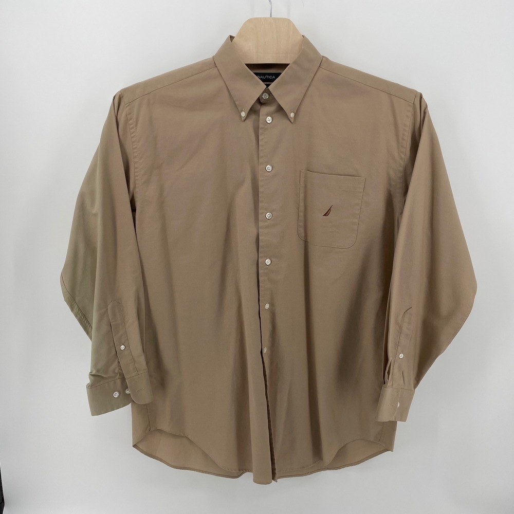 Nautica Vintage Oxford Shirt Mens 17 34/35 Tan Khaki Cotton Button Down Long Slv
